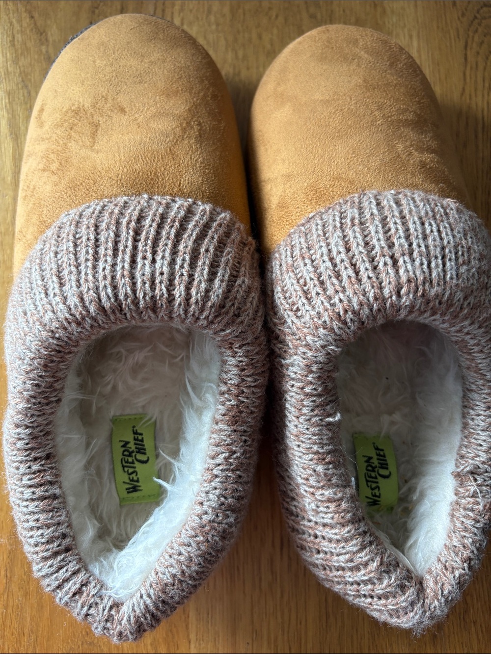 Western Chief Women’s Tan Slip-On Plush-Lined Slippers with Knit Cuff